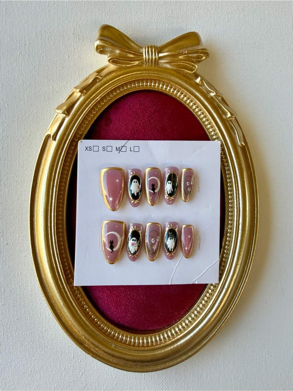NEW Pink Gold-Trim Ghost Accent Press-On Nail Set Size Medium 💖👻